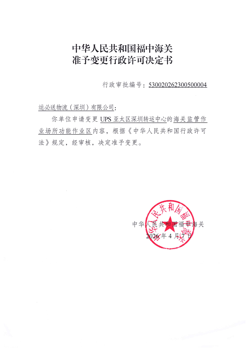 中华人民共和国福中海关准予变更行政许可决定书530020262300500004